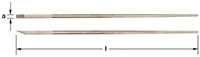 Image shows two bronze metal pry bars lying side by side in a horizontal position.  The top bar shows a flat edge on the left end, slightly tapered the full length of the bar to a blunt round end.  The bottom image highlights the beveled tip on the left e