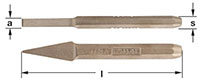 Two Images display two viewpoints of a bronze cape chisel: top image shows a horizontal blade with blunt flat tip labeled 'a' and the bar diameter labeled ‘s’.  The bottom image displays a long triangle tip lying vertical to the left.  The triangle head i