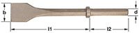 A bronze pneumatic chisel with a wide, flat chisel blade on the left, transitioning to a hexagonal shaft with a round collar just right of the middle, and an octagonal shaft to the right of the round collar. Labeled with dimensions b for the blade width o