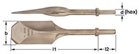 Two images of a bronze pneumatic clay digger are shown.  Displayed horizontally, the top image shows a flat blade resembling a cupped hand, while the bottom image shows a flat, wide blade. Both images have labeled measurements for length and width.  The c