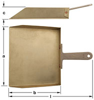 Two views of a bronze metal dustpan.  Top view shows its angled edge and handle. Bottom image shows a top-down view of the wide rectangular pad and its handle extending from the right side. Letters indicate pan length, width, height and overall depth incl