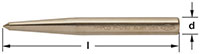 Horizontal image of a bronze cylindrical center punch pin with a tapered end to center point. AMPCO P-1293 ALBR USA <FM> is stamped on the barrel of the pin. Opposite of the left center point end is the right end with wide diameter labeled with “d”, and "