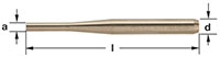 Horizontal image of a bronze cylindrical pin punch, tapered to a blunt round end. AMPCO P-51 ALBR USA is stamped on the side of the pin barrel. Opposite of the tapered left end, labeled with “a”, is the right end with wide diameter end labeled as “d”, and