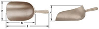 Two views of a metal sugar scoop: one from the top showing its length (l), width (b), and handle; the other from the side showing its height (a) and the handle. Sscoop has a smooth, curved shape and a single handle.