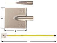 Composite image of a yellow long-handled floor scraper.  Top image shows a side profile of the scraper blade and neck.  Middel image shows the square blade only marked with AMPCO USA S-71-S ALBR. Bottom image shows overall length of the scraper with handl