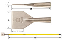 Three horizontal images showing multiple views of a scraper.  Top image shows a close-up, flat horizontal blade with a tapered barrel neck sleeve.  Middle image shows a top-down view of the flat wide blade. Three perpendicular sides with two sides angles 