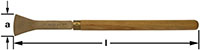 Horizontal Image of a bronze rust scraper with a wide curved blade on the left with a round wooden handle lying to the right. Dimensions show blade width and overall scraper length.