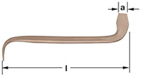 Horizontal image of an offset flat-head screwdriver with a hooked end on the left and the flathead end on the right.  Image identifies two dimensions: overall length of the screwdriver(l), width of the flat-head tip(a).