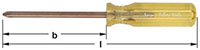 Horizontal image of a Phillips-head screwdriver with a transparent yellow handle.  Screwdriver tip lies left, while the fluted, transparent handle lies to the right. Handle is marked with “Ampco Safety Tools”.  Image identifies three dimensions: width of 