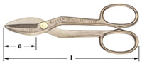 A pair of bronze metal tin snips with curved blades and loop handles. “ALBR” is noted on the upper handle.  The image prominently displays measurements "a" for blade length and "l" for overall length.