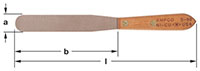 A flat, rectangular spatula with a curved head and wooden handle, inscribed with "AMPCO S-90 NI-CU USA." Labeled dimensions include "a" for the width of the file, "b" for the length of the file excluding the handle, and "l" for the total length.