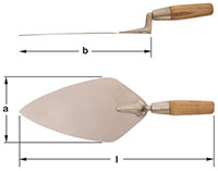 Two views of a bricklayer's trowel.  Top view shows the entire tool, with a wooden handle and a bronze triangular blade. Side view shows the handle shape and blade thickness. Dimensions labeled are a, b, and l, indicating various measurements.