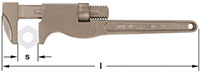 A bronze metal adjustable railroad wrench with a marking labeled 'S' indicating the opening width. The monkey wrench has a serrated knob for adjusting the jaw size and a faint hexagonal nut image inside the fixed jaw. The handle is straight with a rounded