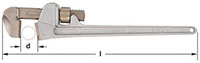 Image of a metal pipe wrench with aluminum handle and bronze head. The wrench features an adjustable jaw and a long handle. A faint hexagonal nut image sits inside the fixed jaw.  The dimensions "d" and "l" are indicated, representing the width of the jaw