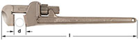 Image of a bronze metal pipe wrench. The wrench features an adjustable jaw and a long handle. The dimensions "d" and "l" are indicated, representing the width of the jaw opening and the overall length of the pipe wrench.