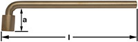 A long, cylindrical bronze metal rod with a hexagonal bolt head on one end, shown as the top-down view of an L-type socket wrench. Two arrows on either side of the bolt head pointing inward, labeled "s," indicating the measurement across the bolt head.