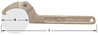 An adjustable spanner wrench featuring a metal handle and a pivoting hook at one end. The tool is positioned horizontally with clear measurements indicated for the diameter (d) and overall length (l).