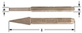 Two Images display two viewpoints of a bronze cape chisel: top image shows a horizontal blade with blunt flat tip labeled 'a' and the bar diameter labeled ‘s’.  The bottom image displays a long triangle tip lying vertical to the left.  The triangle head i