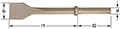 A bronze pneumatic chisel with a wide, flat chisel blade on the left, transitioning to a hexagonal shaft with a round collar just right of the middle, and an octagonal shaft to the right of the round collar. Labeled with dimensions b for the blade width o