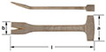 Two images of a partially flat, forked end crow bar with a t-top end used for hammering. The forked end gives leverage when opening crates. The top image displays a side view, and the bottom shows a top view. Measurements are labeled as “a” for height, “b