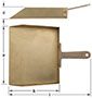 Two views of a bronze metal dustpan.  Top view shows its angled edge and handle. Bottom image shows a top-down view of the wide rectangular pad and its handle extending from the right side. Letters indicate pan length, width, height and overall depth incl