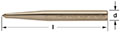 Horizontal image of a bronze cylindrical center punch pin with a tapered end to center point. AMPCO P-1293 ALBR USA <FM> is stamped on the barrel of the pin. Opposite of the left center point end is the right end with wide diameter labeled with “d”, and "