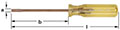 Horizontal image of a flat-head, cabinet tip screwdriver with a transparent yellow handle.  Screwdriver tip lies left, while the fluted, transparent handle lies to the right. Handle is marked with “Ampco Safety Tools”.  Image identifies three dimensions: 