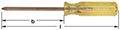 Horizontal image of a Phillips-head screwdriver with a transparent yellow handle.  Screwdriver tip lies left, while the fluted, transparent handle lies to the right. Handle is marked with “Ampco Safety Tools”.  Image identifies three dimensions: width of 