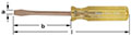 Horizontal image of a standard flat-head screwdriver with a transparent yellow handle.  Screwdriver tip lies left, while the fluted, transparent handle lies to the right. Handle is marked with “Ampco Safety Tools”.  Image identifies three dimensions: widt