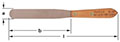 A flat, rectangular spatula with a curved head and wooden handle, inscribed with "AMPCO S-90 NI-CU USA." Labeled dimensions include "a" for the width of the file, "b" for the length of the file excluding the handle, and "l" for the total length.